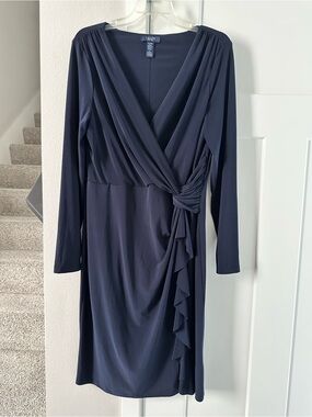 Chaps Navy Long Sleeve Faux-Wrap Ruffle Dress size XL